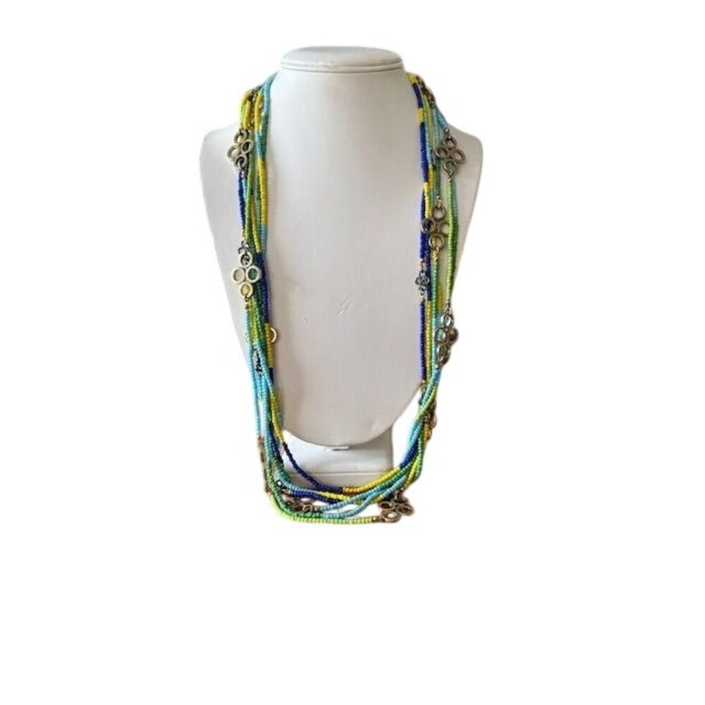 Tory Burch Multi-Strand Vibrant Colored Beaded Necklace Logo Boho Statement Neck